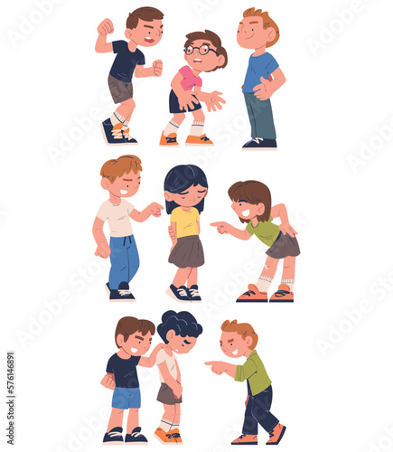 Sad kids being bullied by schoolmates set. Children laughing and mocking at upset boys and girls cartoon vector illustration
