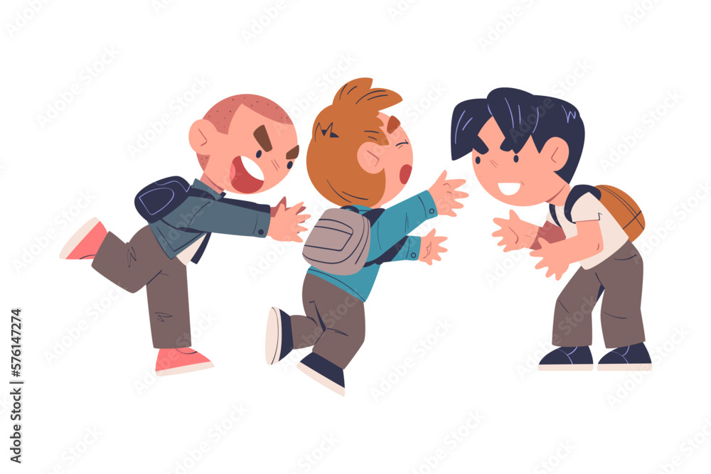 Fototapeta premium Fighting little children. Boy being bullied by his schoolmates. Mockery and bullying at school cartoon vector illustration