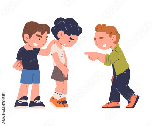 Sad boy being bullied by his schoolmates. Children laughing and pointing at upset boy. Mockery and bullying at school cartoon vector illustration