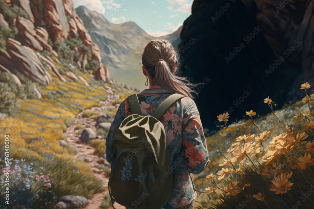 Naklejka premium a women backpacking through a beautiful valley, generative AI
