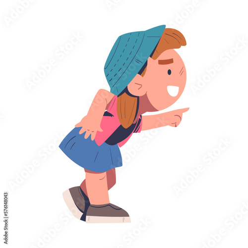 Bully girl mocking at someone pointing with her finger, bad child behavior, bullying cartoon vector illustration