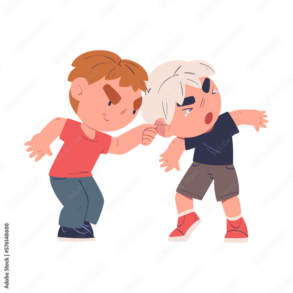 Fighting boys. Boy being bullied by his schoolmate at school cartoon vector illustration