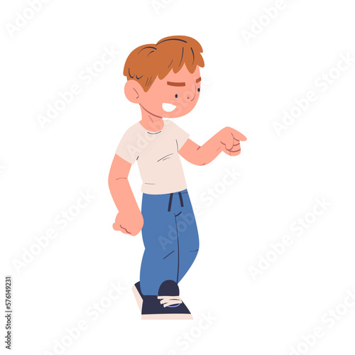 Hoodlum boy mocking at someone pointing with his finger, bad child behavior, school bullying cartoon vector