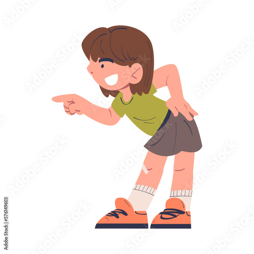 Bully girl mocking at someone smiling maliciously and pointing with her finger, bad child behavior, bullying cartoon vector illustration