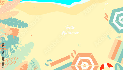 Bohemian Summer, latest modern summer sale background with catchy colors and banner design, 
beach sand, umbrellas, coconut trees, flip flops, surfboards and beach mats