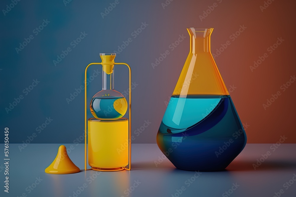 An erlenmeyer flask containing yellow liquid and a circular flask