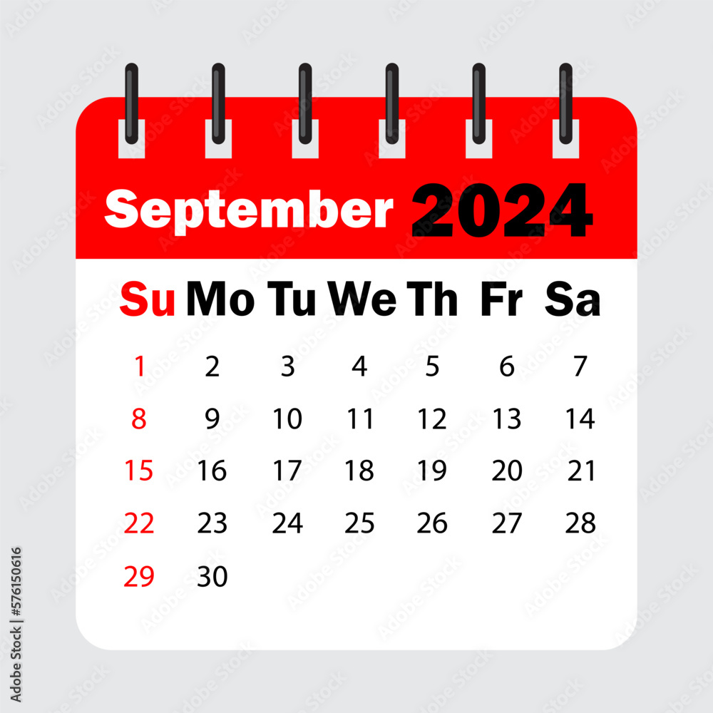red calendar leaf spring. September 2024 calendar. Calendar sheet with
