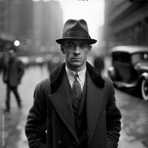 #2 1920s black & white portrait photography of a man in the streets of New York, USA