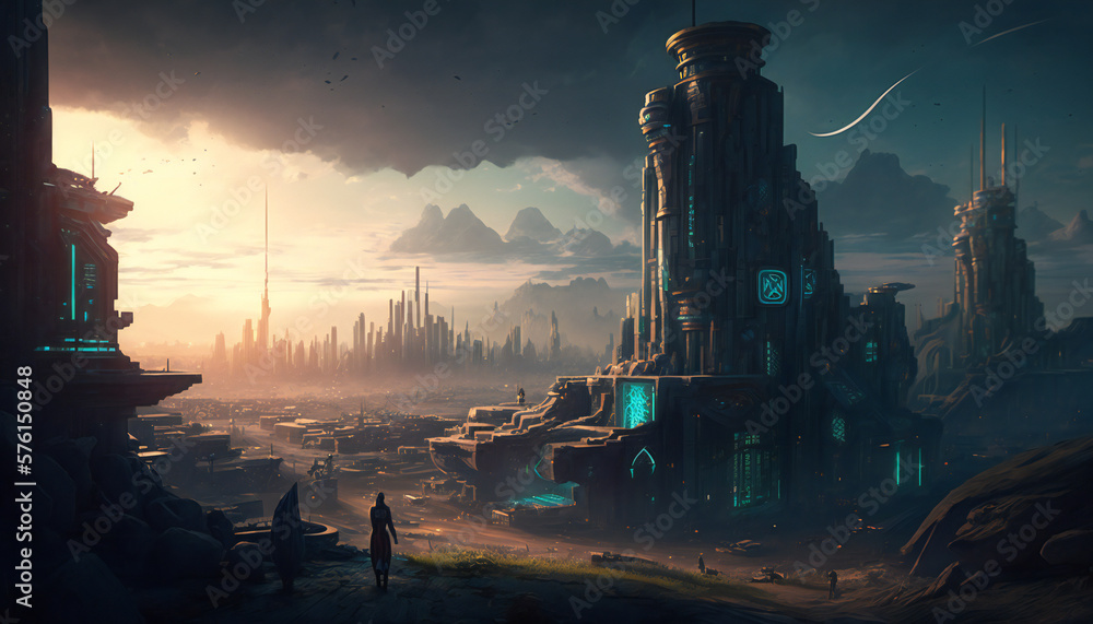 Obraz premium Asgard world of the gods - home of the Aesir - Cyberpunk landscape - German Mythologies - Generative AI