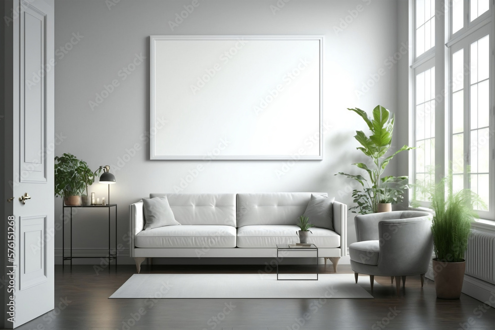 Blank picture frame mockup on gray wall. Modern living room design. View of modern loft style interior, minimalism concept. Vertical template for artwork, painting, photo or poster