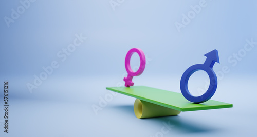 Pink woman sign and Blue man sign on balance seesaws for business equality human rights and gender concept using. Illustration 3D