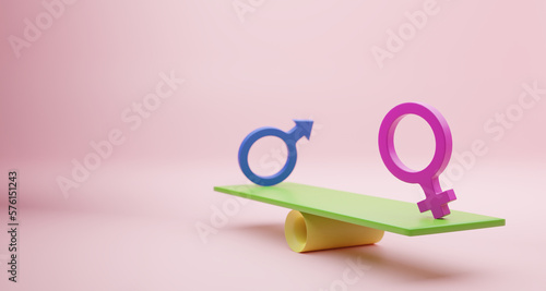 Pink woman sign and Blue man sign on balance seesaws for business equality human rights and gender concept using. Illustration 3D