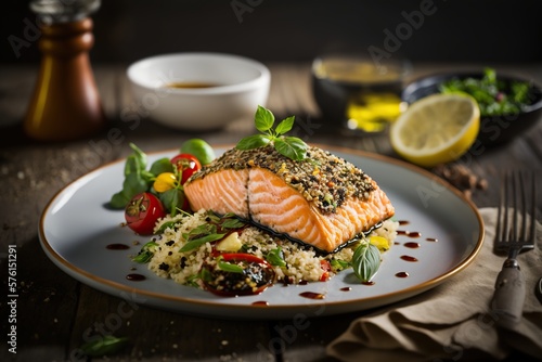 Baked salmon with sesame crust and served with quinoa salad IA photo