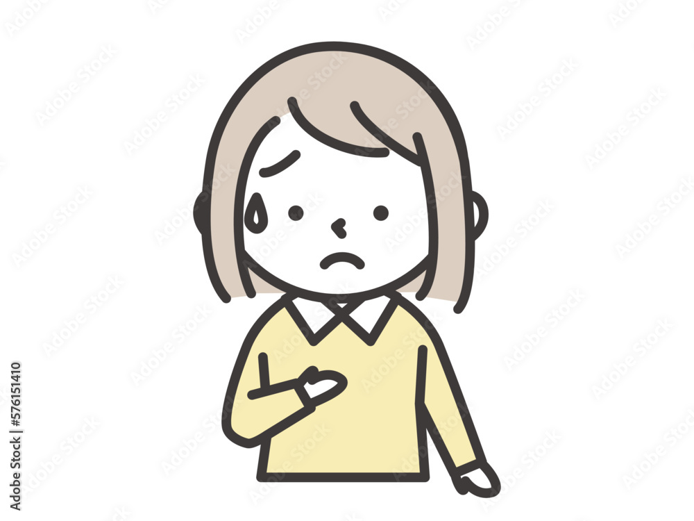 冷や汗をかいて胸に手をあてる不安な表情をした女の子 冷や汗をかいて胸に手をあてる不安な表情をした女の子