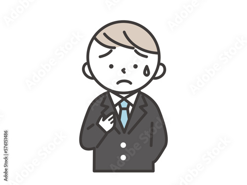 冷や汗をかいて胸に手をあてる不安な表情をした男子学生（ブレザー）