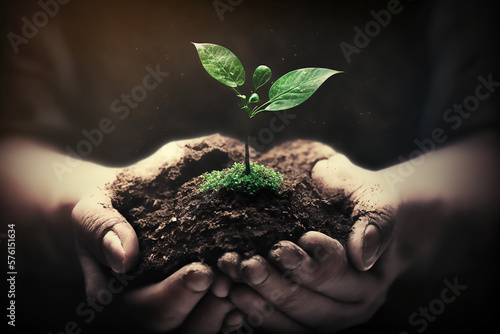Hands grow new baby green plants in soil, the concept of environmental protection, Generative AI