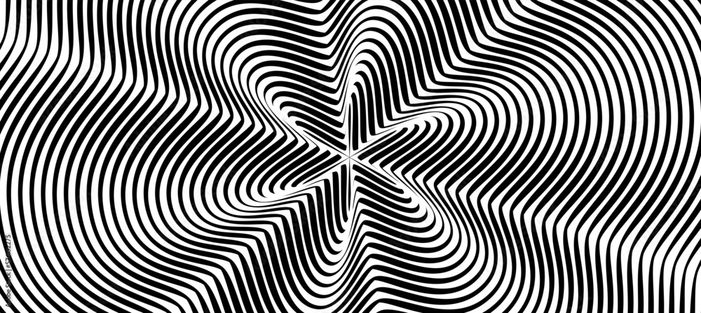 Deep Black Abstract Background with a Wavy Moire Effect. Distorted Pattern. Contrast Geometric Trance Pattern, Optical Monochrome Background