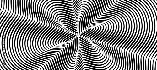 Deep Black Abstract Background with a Wavy Moire Effect. Distorted Pattern. Contrast Geometric Trance Pattern, Optical Monochrome Background © Dvarg