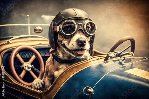 Pawsome Ride: A Steampunk Dog in a Classic Racing Car