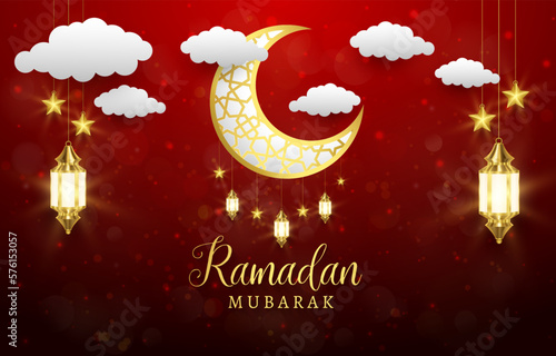 beautiful ramadan mubarak banner illustration with shiny islamic ornament and abstract gradient dark red background design