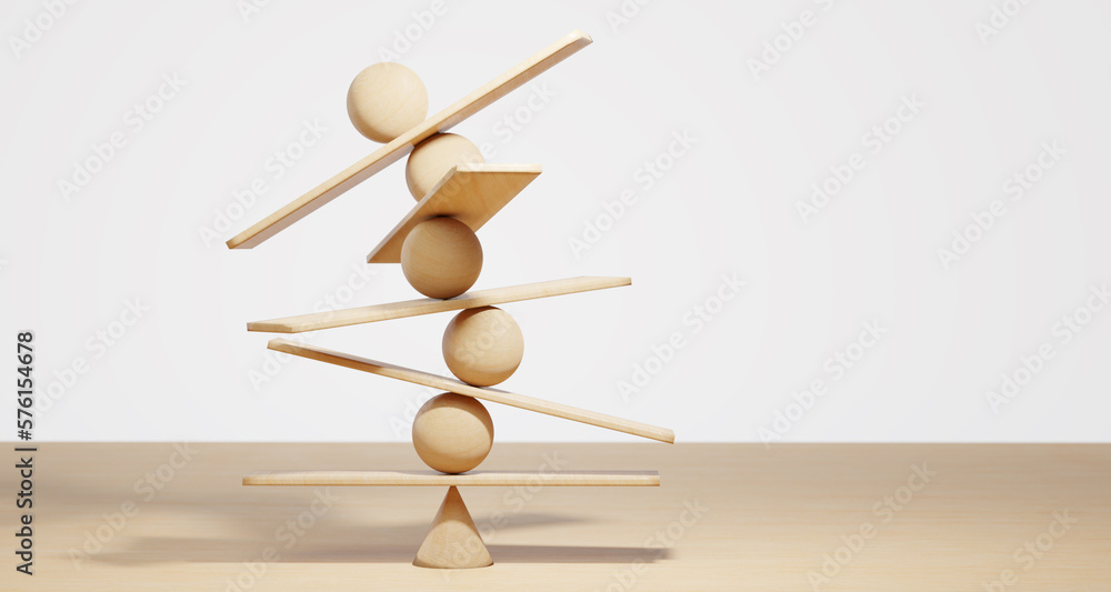 Wooden spheres balancing on seesaw. Concept of harmony and balance in life and work - obrazy, fototapety, plakaty 