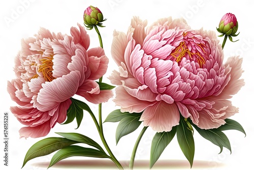 big peony blossoms, two in bloom, against a white backdrop Generative AI
