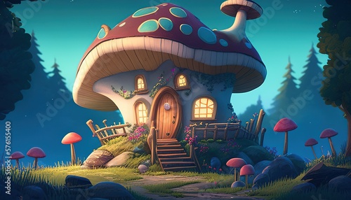 A charming mushroom house nestled in a whimsical natural landscape
