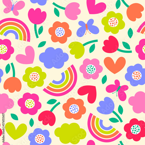 Colorful cute floral and rainbow seamless pattern background.