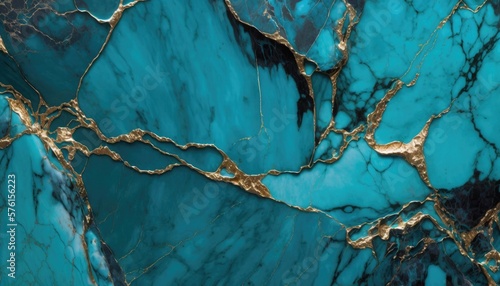 Aqua Blue Marble with Golden Luminous Bands: A Shimmering and Illuminating Texture, AI Generative © NikoArakelyan