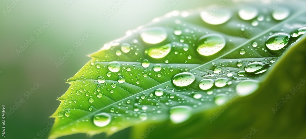 beautiful background with leaves with large dew drops in sunlight, generative AI beautiful background with leaves with large dew drops in sunlight, generative AI