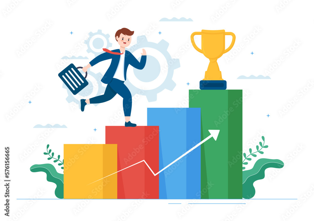 Challenge Illustration with Businessman Running to the Top and Overcoming Obstacle for Landing Page in Flat Cartoon Hand Drawn Templates