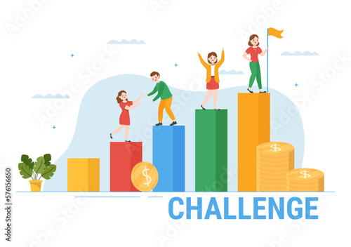 Challenge Illustration with Businessman Running to the Top and Overcoming Obstacle for Landing Page in Flat Cartoon Hand Drawn Templates