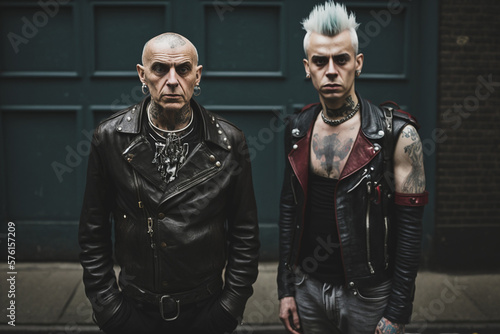 Old British Punk rock men with black leather jackets and tough attitude. generative AI
