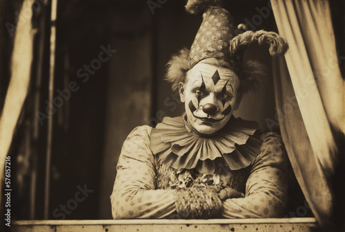 Sad clown in a vintage circus, generative ai