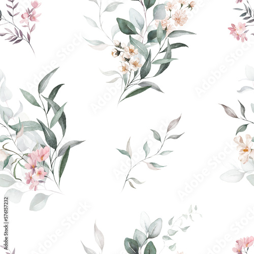 Watercolor floral seamless pattern on white background - green leaves  pink peach blush white flowers  leaf branches. Wedding invitations  wallpapers  fashion  prints  fabric. Eucalyptus  rose  peony.