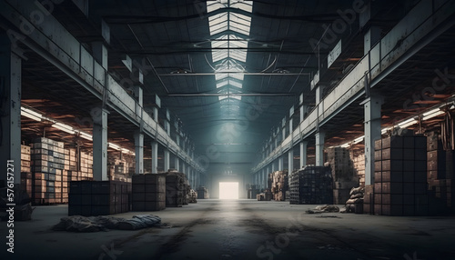 Huge distribution warehouse with high shelves and loaders. Bottom view © MAJGraphics