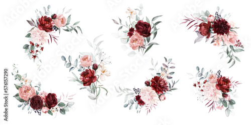 Watercolor floral wreath border bouquet frame collection set green leaves burgundy maroon scarlet pink peach blush white flowers leaf branches. Wedding invitations stationery wallpapers fashion prints