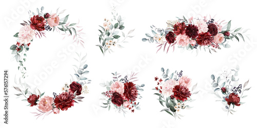 Watercolor floral wreath border bouquet frame collection set green leaves burgundy maroon scarlet pink peach blush white flowers leaf branches. Wedding invitations stationery wallpapers fashion prints