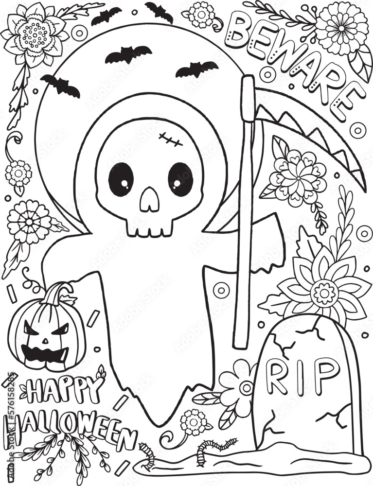Happy Halloween with flower, skeleton, bat and pumpkins elements. Grim reaper Hand drawn lines.
Doodles art for greeting cards, invitation or poster. Coloring book for adult and kids.
Happy Halloween with flower, skeleton, bat and pumpkins elements. Grim reaper Hand drawn lines.
Doodles art for greeting cards, invitation or poster. Coloring book for adult and kids.