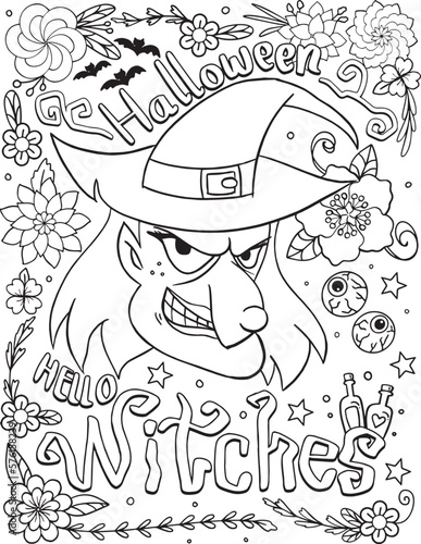 Halloween Hello Witches with flower and bats elements. Hand drawn lines. Doodles art for greeting cards, invitation or poster. Coloring book for adult and kids.
