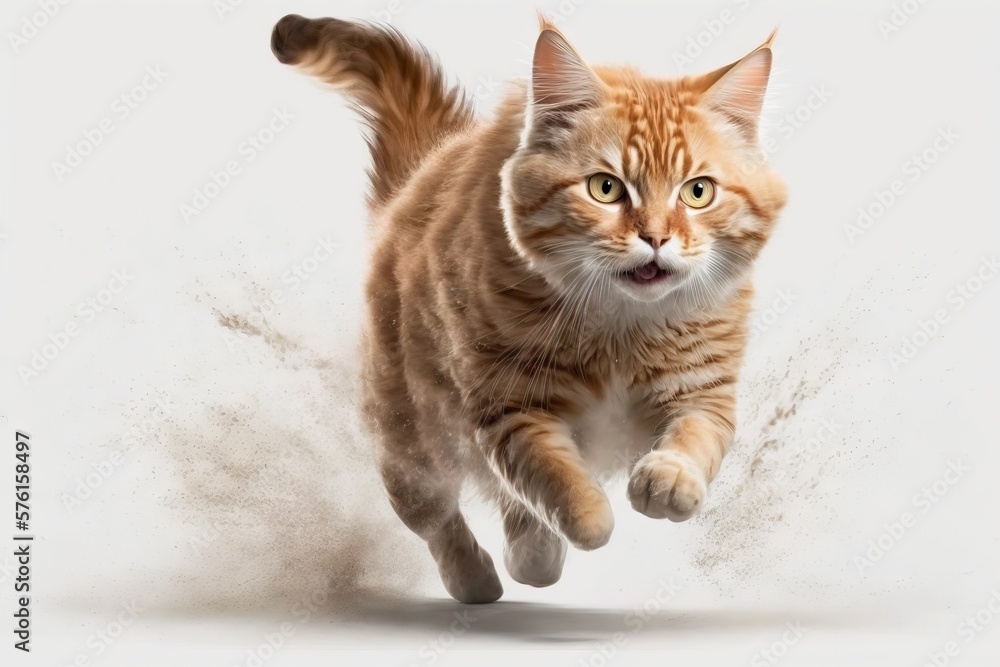 Ginger cat jumping on a white background with dust around it. Generative AI Ginger cat jumping on a white background with dust around it. Generative AI