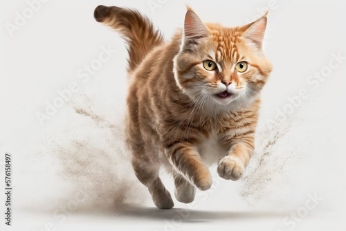 Ginger cat jumping on a white background with dust around it. Generative AI