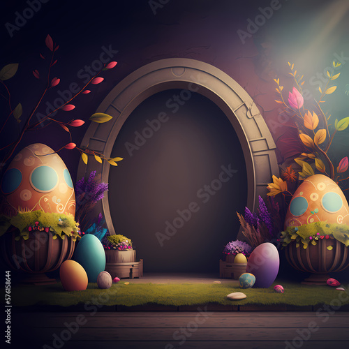 easter background with eggs and flowers. Generative AI