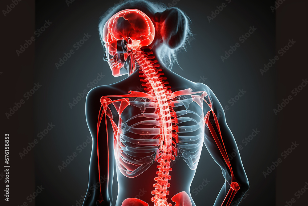 Women with back pain, sports injury and fitness, spine xray and anatomy with red overlay