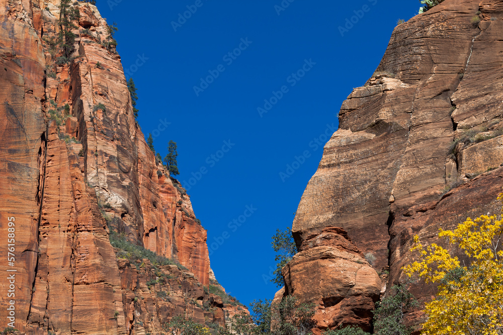 Dramatic Zion Cliffs with Blue Sky