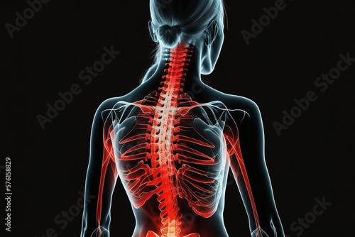 Women with back pain, sports injury and fitness, spine x-ray and anatomy with red overlay, medical problem and health. Healthcare emergency, inflammation, and muscle tension , Generative AI	 photo