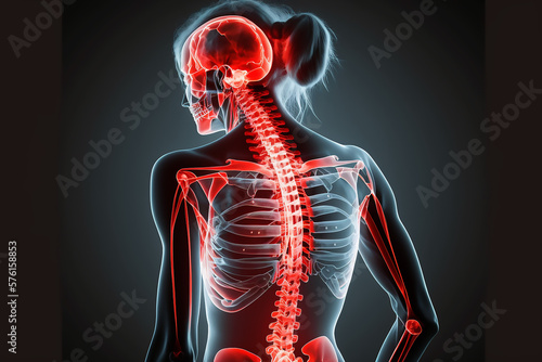 Fotografie, Tablou Women with back pain, sports injury and fitness, spine x-ray and anatomy with red overlay, medical problem and health