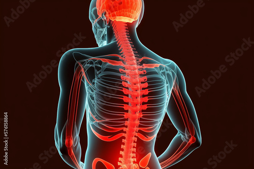 man with back pain, sports injury and fitness, spine x-ray and anatomy with red overlay, medical problem and health. Healthcare emergency, inflammation, and muscle tension , Generative AI	 photo