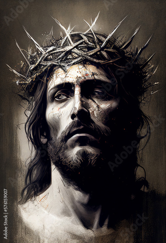 Jesus Christ wearing a crown of thorns in oil painting style, generative AI 
