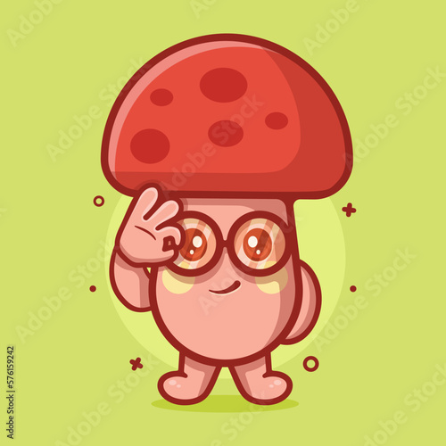 cute mushroom character mascot with ok sign hand gesture isolated cartoon in flat style design 